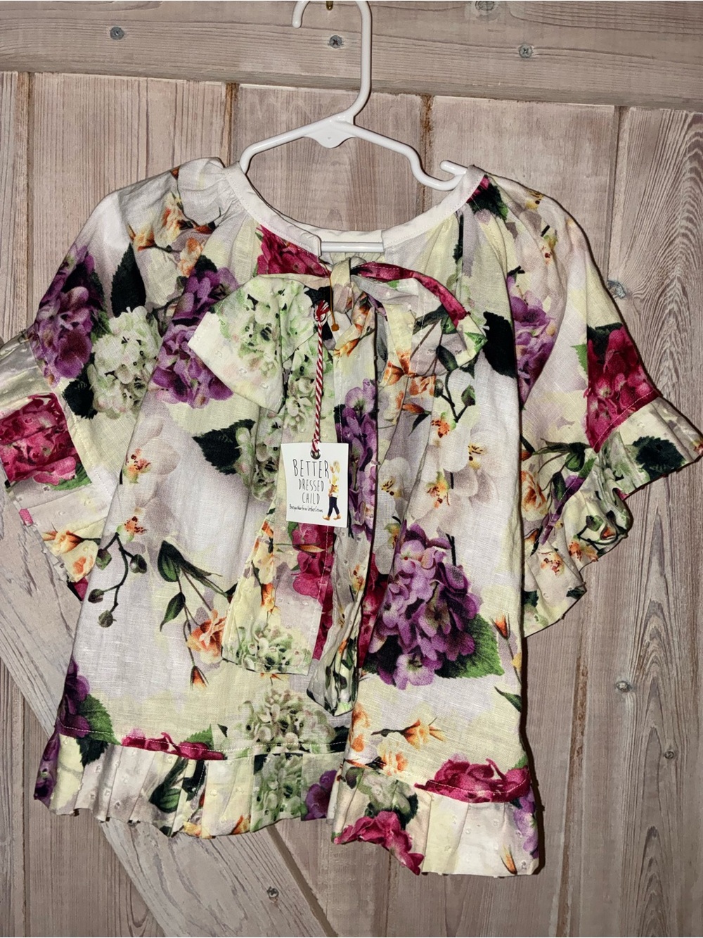 Floral Ruffle Tie-Neck Top - Cream with Purple & Pink Flowers